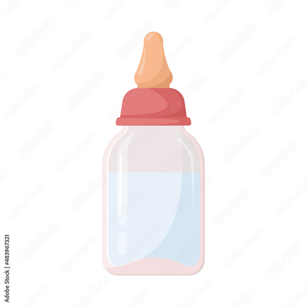 Baby bottle with pacifier and milk, isolated on white background. Nutrition for newborn. Milk mixture for baby. For children's goods store. Childhood. Products for children. Vector illustration Baby bottle with pacifier and milk, isolated on white background. Nutrition for newborn. Milk mixture for baby. For children's goods store. Childhood. Products for children. Vector illustration