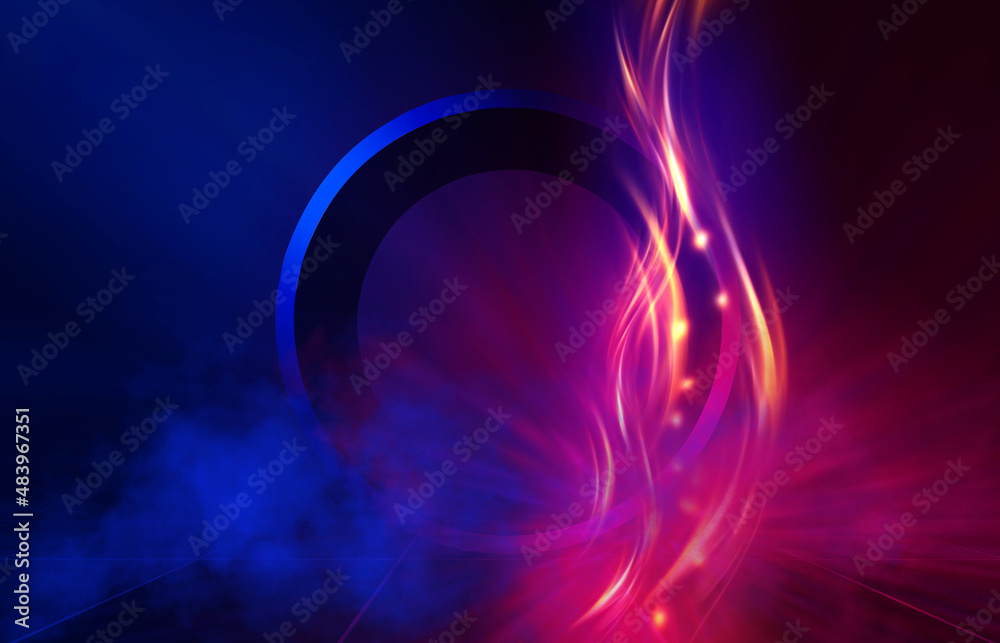 Dark abstract background. Neon geometric 3d figure in flames, ultraviolet smoke. 3d illustration Dark abstract background. Neon geometric 3d figure in flames, ultraviolet smoke. 3d illustration