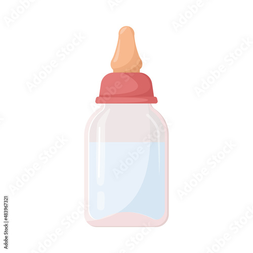 Baby bottle with pacifier and milk, isolated on white background. Nutrition for newborn. Milk mixture for baby. For children's goods store. Childhood. Products for children. Vector illustration