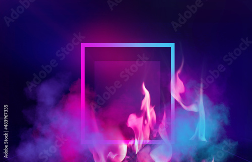 Dark abstract background. Neon geometric 3d figure in flames, ultraviolet smoke. 3d illustration