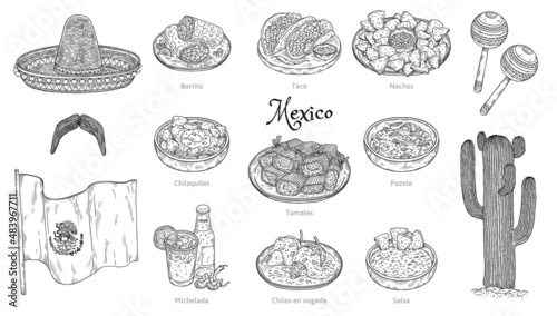 Mexican cuisine and culture icons set engraving vector illustration isolated.