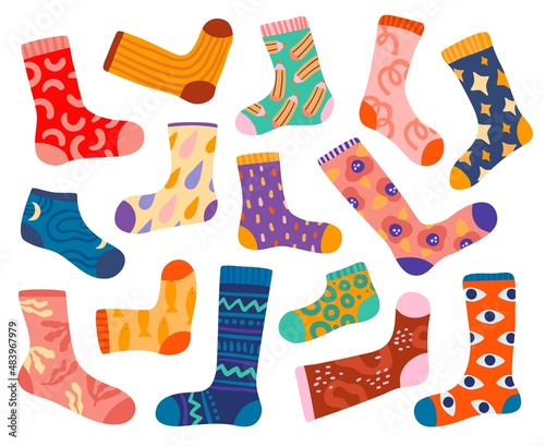 Trendy cotton socks. Stylish colorful design cloth elements. Abstract bright prints and funny patterns. Short or knee stockings. Isolated foot clothing. Vector fashion accessories set photo