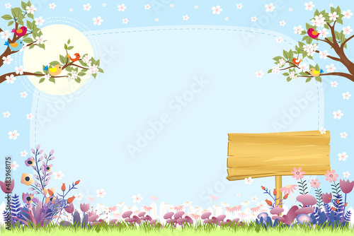 Spring background with flower fields and Cherry blossom with blue sky and copy space for text,Vector banner cute Summer scene with wooden banner and flowers blooming,Concept for Easter or Holiday card