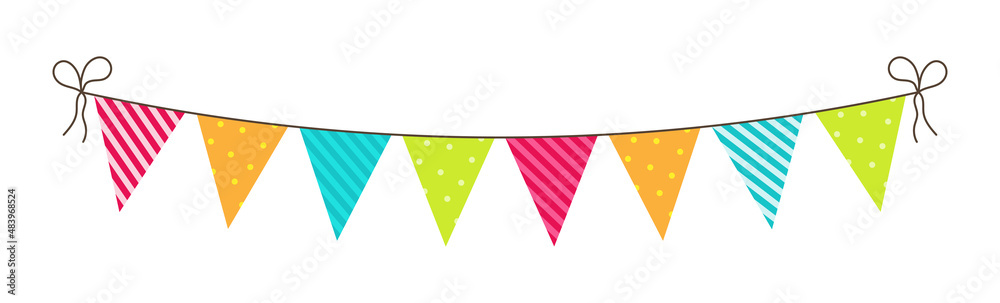 Birthday bunting. Party flags and garland. Fun decoration for celebration. Hanging carnival buntings with rope isolated on white background. Colorful bright flags for anniversary and surprise. Vector