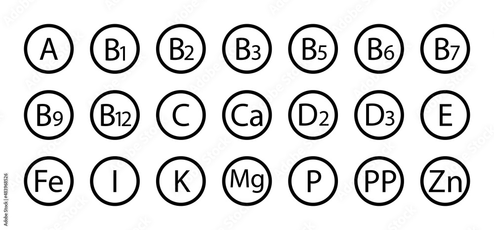 Vitamin icons. Complex vitamins for supplement. Set of round icons of a, b7, d, c, b3, e, b5, b12, b1, b2, b6, k, b, d3, b9, ca, d2, fe, i, mg, p, pp, zn. Symbols of organic diet. Vector