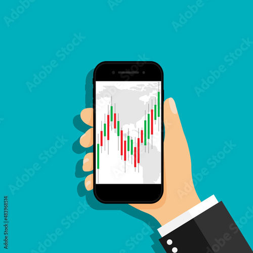 Stock trade in phone. Graph of stock market with candlestick, chart and exchange for trader. Mobile app with forex. Hand hold smartphone with mockup of daily trading. Vector