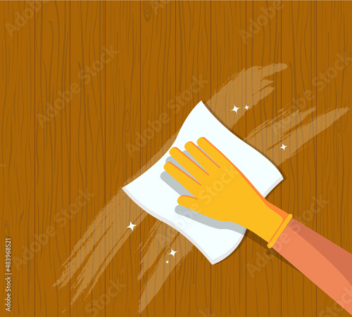 Hand clean of wooden table. Wipe with cloth wooden desk. Disinfect of surface at home and office. Rag microfiber in hand for cleanliness. Hygiene service. Vector