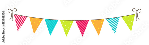 Birthday bunting. Party flags and garland. Fun decoration for celebration. Hanging carnival buntings with rope isolated on white background. Colorful bright flags for anniversary and surprise. Vector