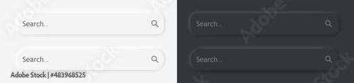3d search bar neumorphism. White-black ui search bar. Neumorphism interface with button. Research frames for web address, link and browser. UX with shadow. Vector
