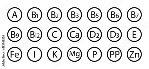 Vitamin icons. Complex vitamins for supplement. Set of round icons of a, b7, d, c, b3, e, b5, b12, b1, b2, b6, k, b, d3, b9, ca, d2, fe, i, mg, p, pp, zn. Symbols of organic diet. Vector