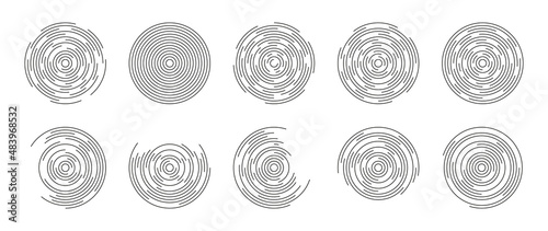 Concentric circles. Round line pattern. Ripple circular shapes. Broken circles. Vortex geometric sonar. Design graphic circles on white background. Vector photo