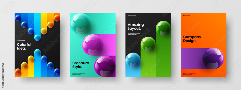 Abstract 3D spheres front page illustration composition. Colorful catalog cover A4 design vector concept collection.