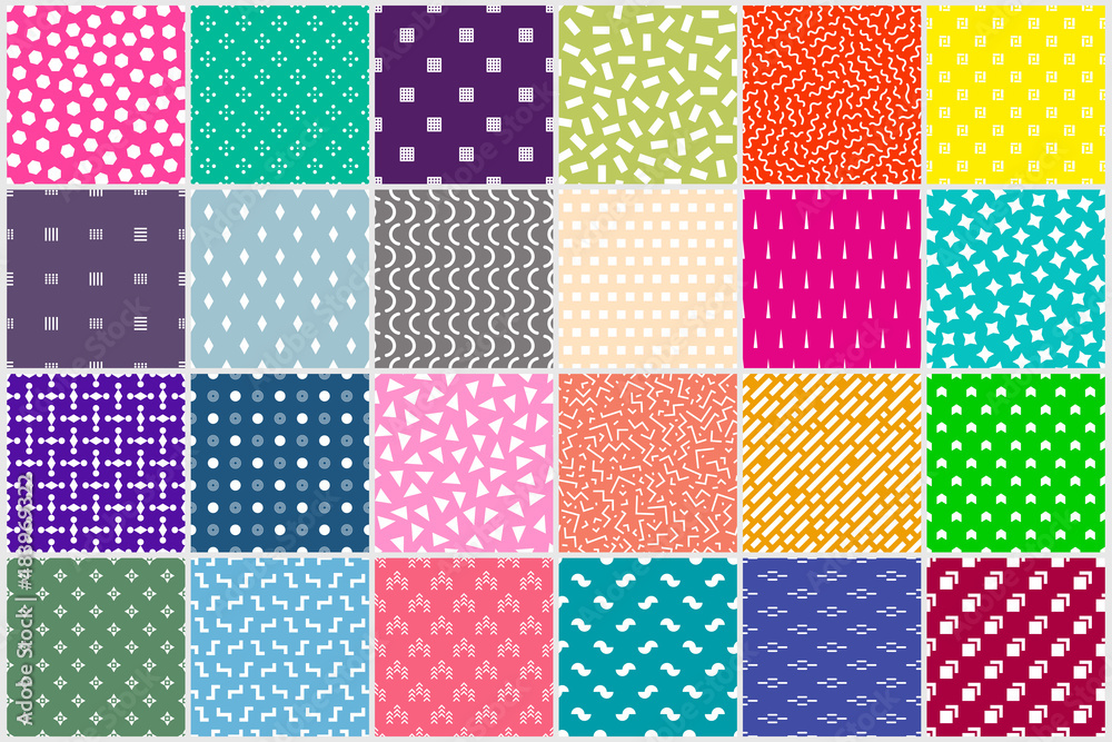 Collection of seamless colorful geometric trendy patterns. Bright repeatable minimalistic backgrounds. Vibrant endless textures Collection of seamless colorful geometric trendy patterns. Bright repeatable minimalistic backgrounds. Vibrant endless textures