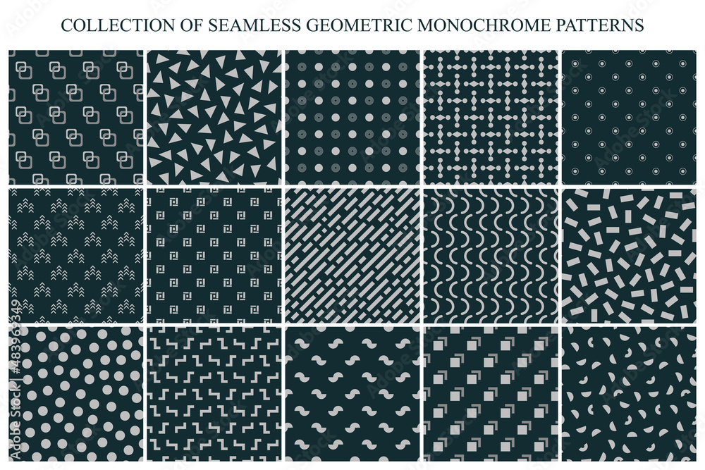 Collection of vector seamless geometric patterns - mosaic monochrome textures. Modern stylish dark prints. Minimalistic endless black backgrounds Collection of vector seamless geometric patterns - mosaic monochrome textures. Modern stylish dark prints. Minimalistic endless black backgrounds