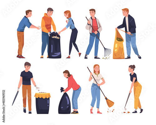 People Character Collecting Garbage in Sack Cleaning Street Vector Illustration Set