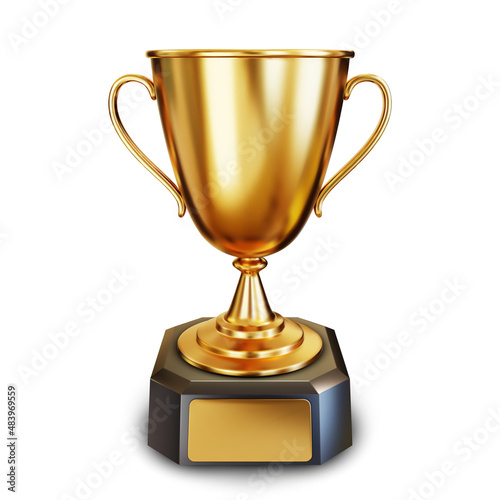 Golden trophy cup or champion cup with empty gold plate for your text. Realistic 3D vector illustration isolated on a white background