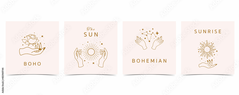 boho background for social media with hand,sun,flower