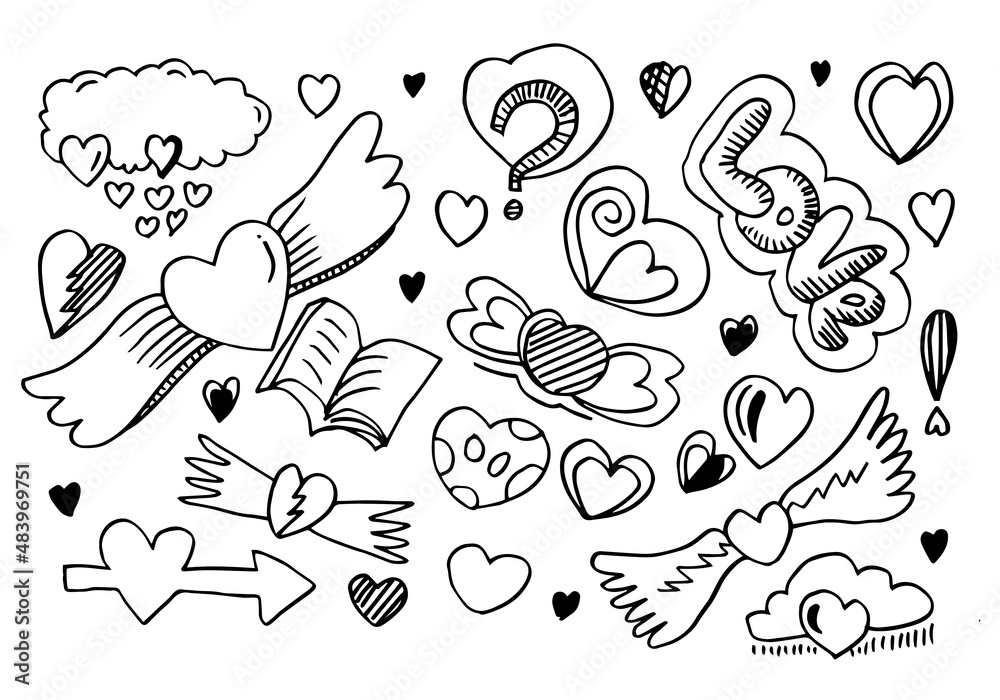 hand drawn doodles set for Valentine's Day. collection of beautiful hearts and writings Love on white background. Vector illustration.