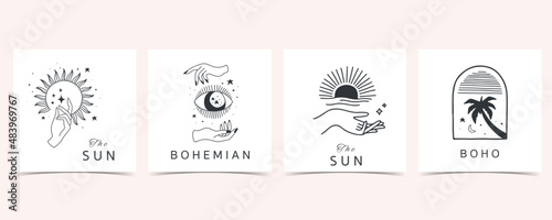 boho background for social media with hand,sun,flower