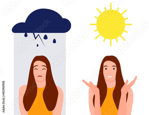 Young woman character, depressed upset and happy mood, mental health concept, vector isolated flat illustration, optimist and pessimist, positive and negative emotion thinking. Person portrait set.