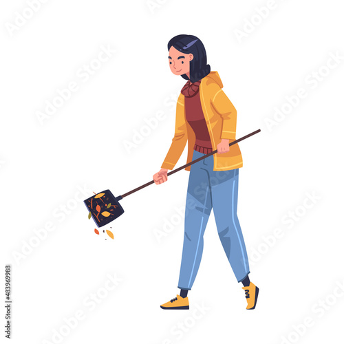 Woman Character with Shovel Collecting Garbage Cleaning Street Vector Illustration