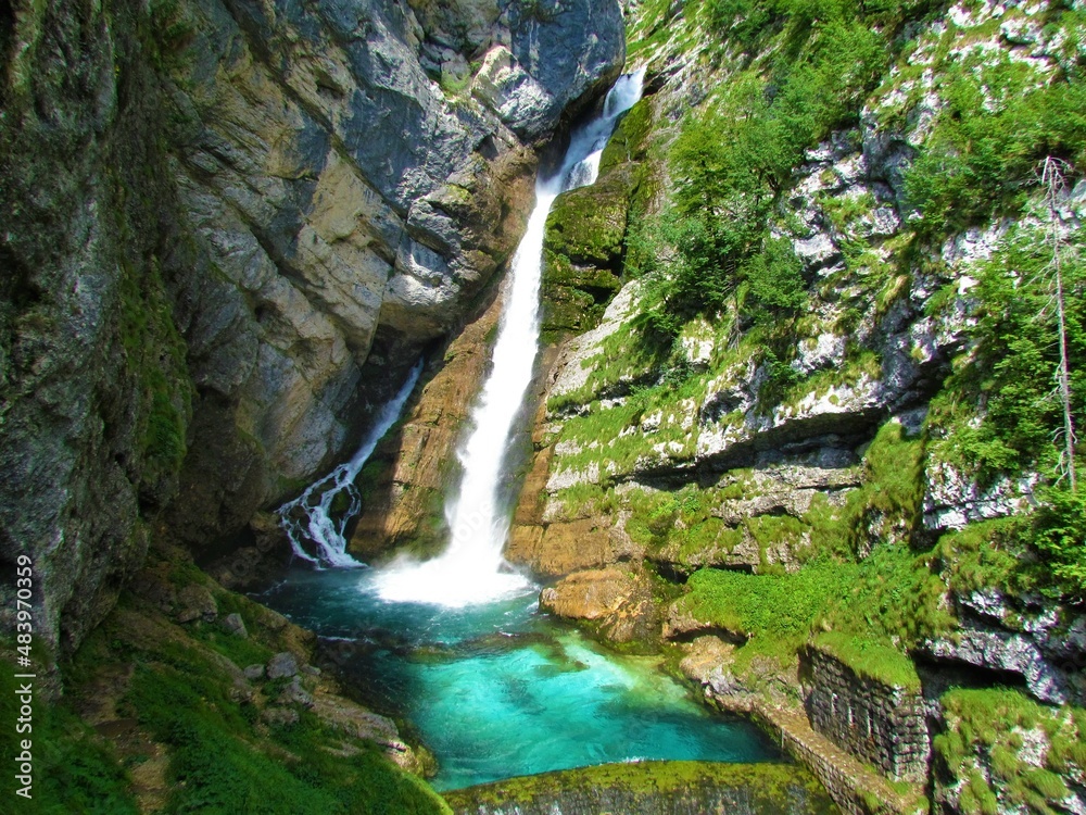 Obraz premium View of famous tourist destination Savica waterfall near Bohinj in Julian alps and Triglav national park, Gorenjska, Slovenia with a turquoise colored pool bellow the waterfall lit by sunlight