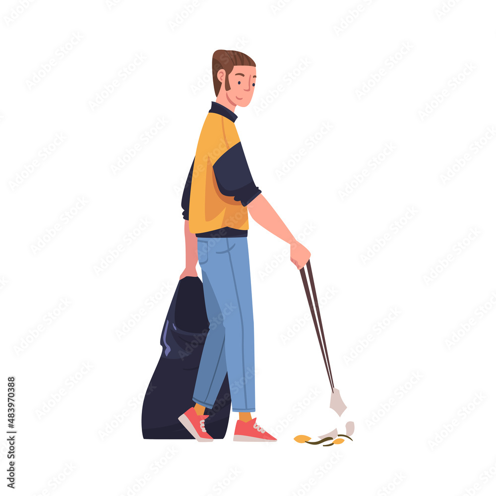 Man Character with Stick and Sack Collecting Garbage Cleaning Street Vector Illustration