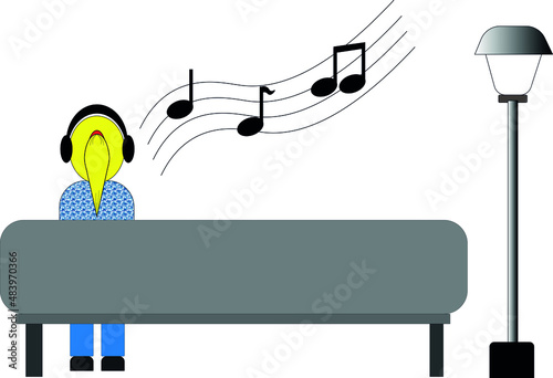 An illustrative art design of a young lonely girl sitting on a park bench and listening to music