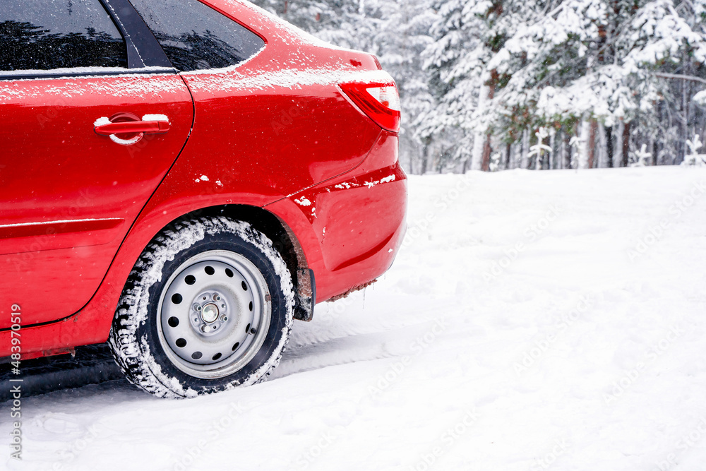 Red car in winter snow forest Stock Photo Adobe Stock