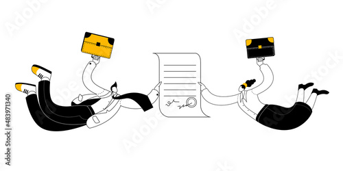 A man and a woman are flying with a business document in their hands. Vector illustration in outline style on the topic of successful contract signing.