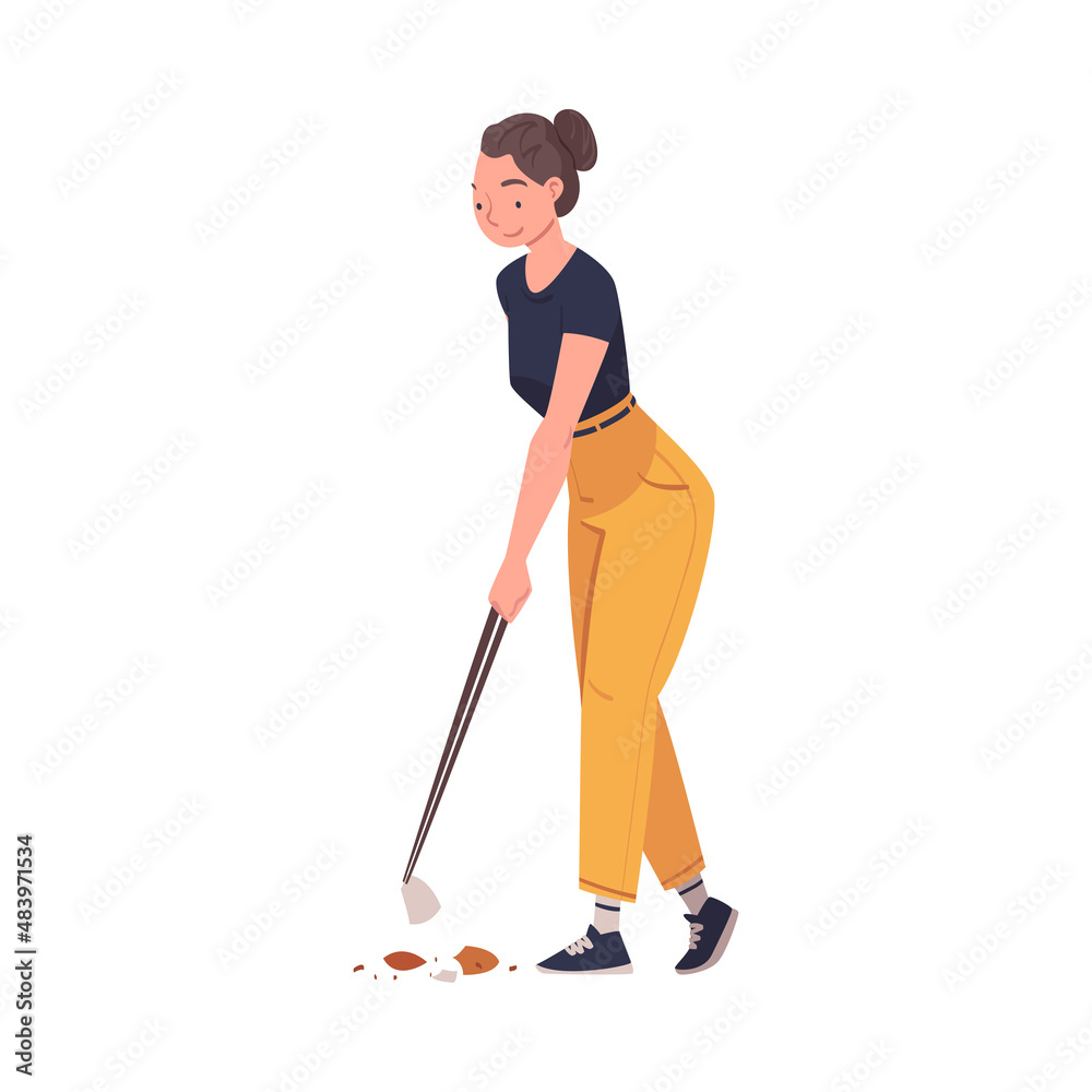 Woman Character with Stick Collecting Garbage Cleaning Street Vector Illustration Woman Character with Stick Collecting Garbage Cleaning Street Vector Illustration