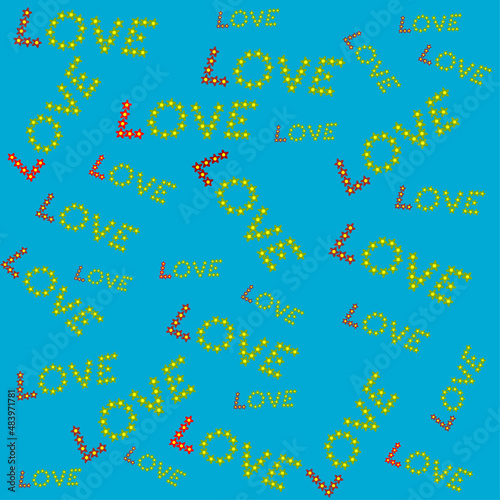 Love text, made of flowers of different colors, vector background for Valentine's Day. Love is everywhere around us