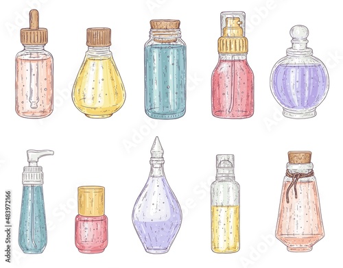 Set of different glass bottles with colored essential oils in sketch vector