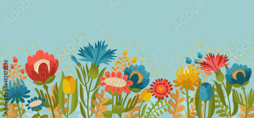 Simply spring garden flowers on Blue Background. Vector Illustration of nature flower spring and summer in garden