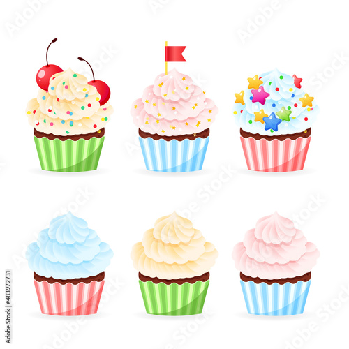 Set of cartoon cupcake icons. Illustration of birthday cupcakes decorated with cream and sprinkles. Vector 10 EPS.