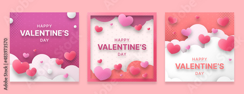 Valentine's day concept posters set. Vector illustration. 3d red and pink paper hearts with frame borders. Cute love sale banners, vouchers or greeting cards
