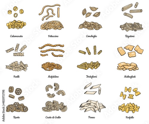 Set of different types of Italian pasta in color sketch vector illustration