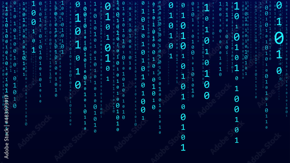 Technology vector binary code. Random falling digits on screen. Hacked software. Matrix sciense background. Big data analytics.