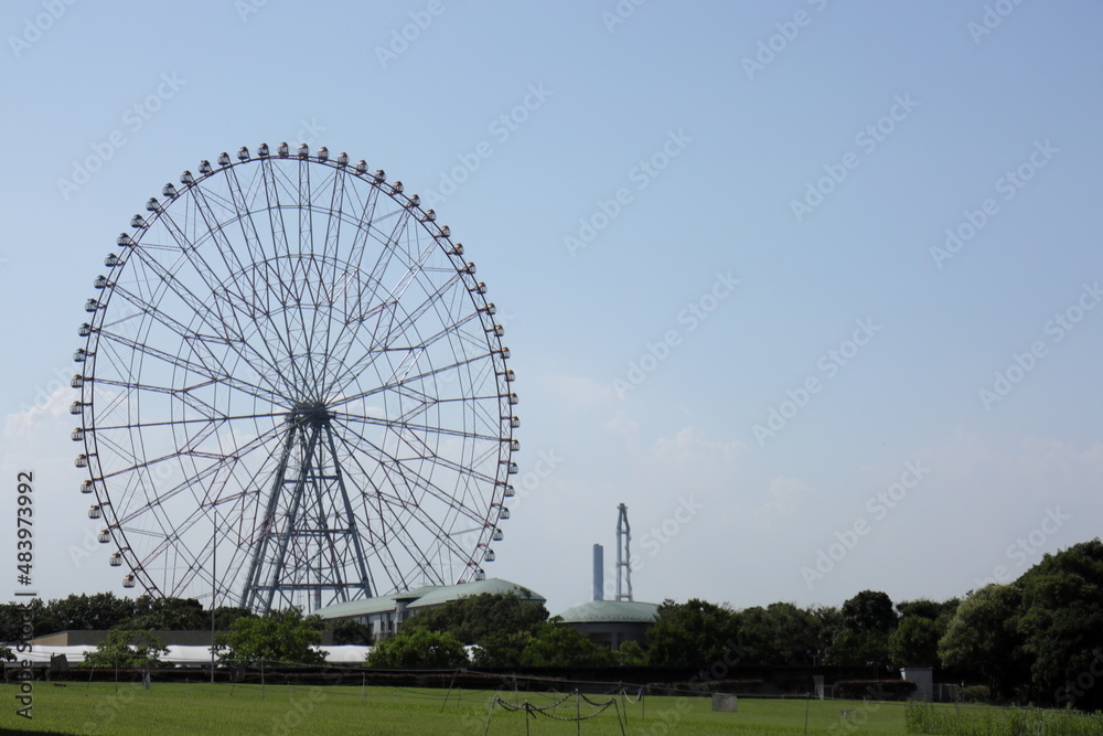 観覧車がある公園の風景。東京の葛西臨海公園。