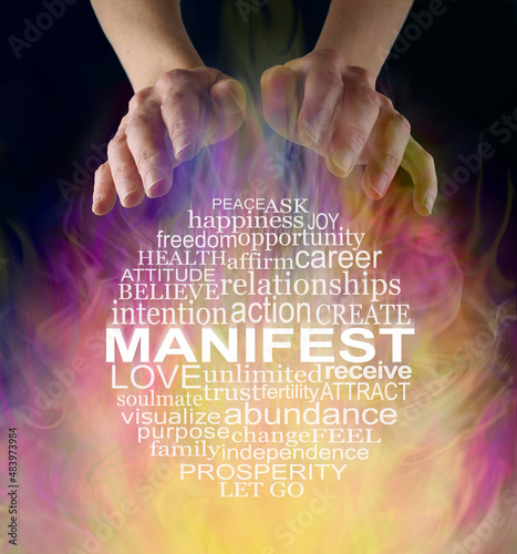 Circular Word Cloud associated with Manifesting what you want -  female hands hovering above a circle of words relevant to MANIFEST against a flowing fire like background with black behind
