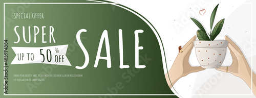 Promotional banner on the sale of houseplants, home garden, gardening, plant lover, houseplant store concept, greenhouse, flower shop, houseplant sale