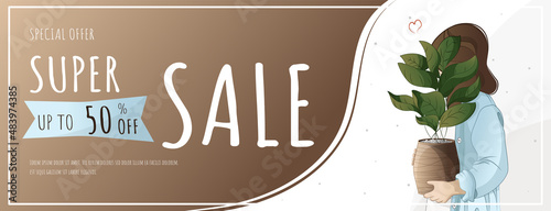 Promotional banner on the sale of houseplants, home garden, gardening, plant lover, houseplant store concept, greenhouse, flower shop, houseplant sale