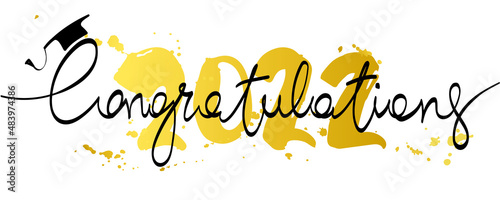 Congratulations on graduation 2022. Vector illustration, card, invitation with gold confetti and calligraphic title.	