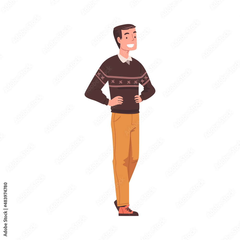 Elated Man with Arms on Hips Waiting for Somebody Vector Illustration