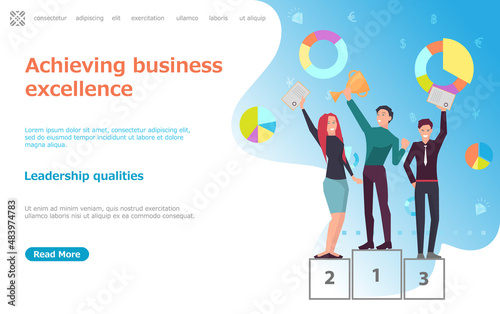 Achieving business excellence concept. People with prize and award for success, conference meeting of workers. Website or webpage template, landing page flat style. Team wins business trophy