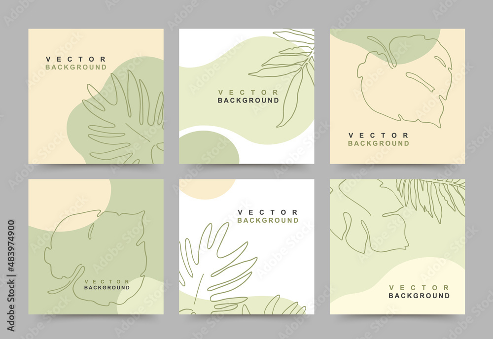 Simple square card templates. Backgrounds with minimal tropical leaves in line art style. Social media post in neutral colors.Vector illustration for posters, invitation, banners, mobile apps, web ads