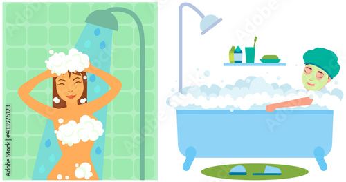 Hygiene, personal beauty care concept. Woman showering, cleaning her body and hair under shower. Girl bathes in foam, washing her body in bathroom. Lady sits in hot tub, takes bath, makes face mask