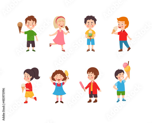 Kids with ice cream in flat vector illustration isolated on white background