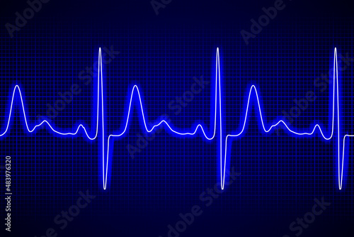 Heart beat ecg or ekg seamless neon line on blue background. Electrocardiogram graph of healsh cardio rate. Examination of human health. Medicine test cardiac rhythm and pulsating inteval.