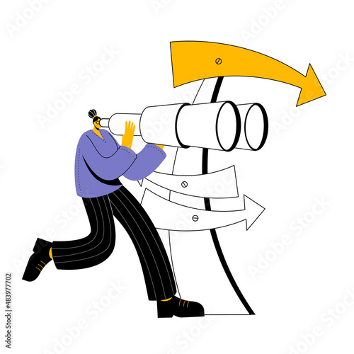A girl in casual clothes looks through binoculars. The woman stands next to the sign and chooses the main direction. Conceptual illustrations on the topic of the mainstream in business.